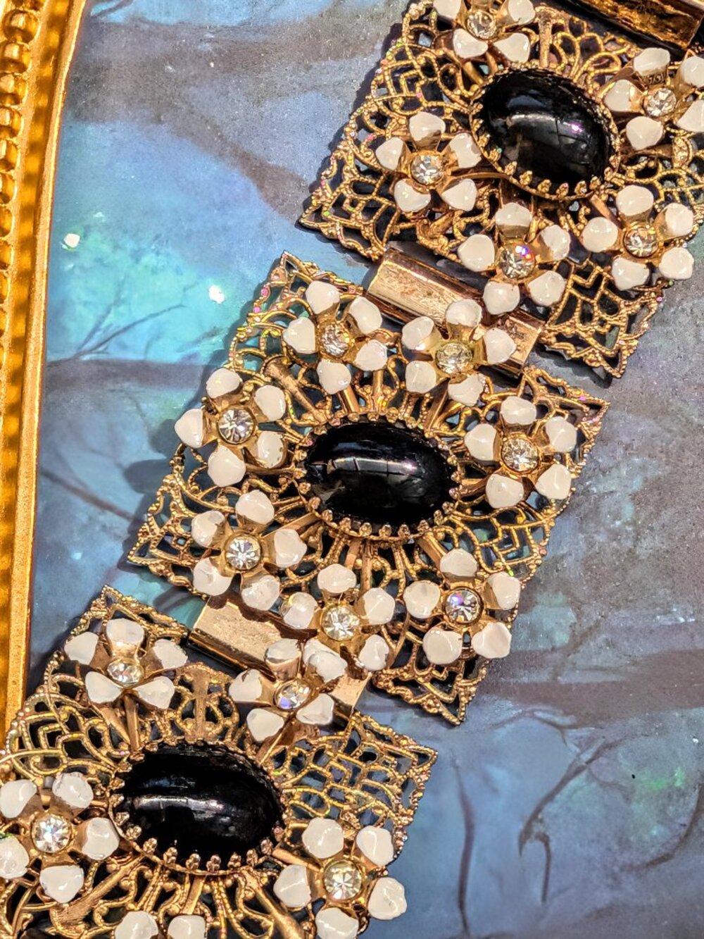 Vintage Mid-century RARE Gold Filigree Panel Bracelet with Rhinestones, Onyx